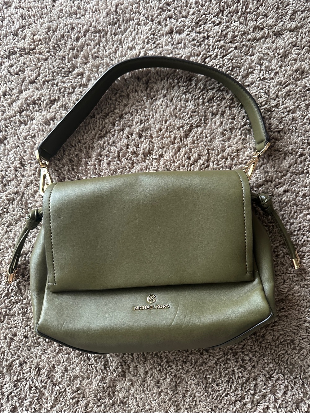 Michael Kors Olive Green Leather Shoulder Bag with Gold Accents